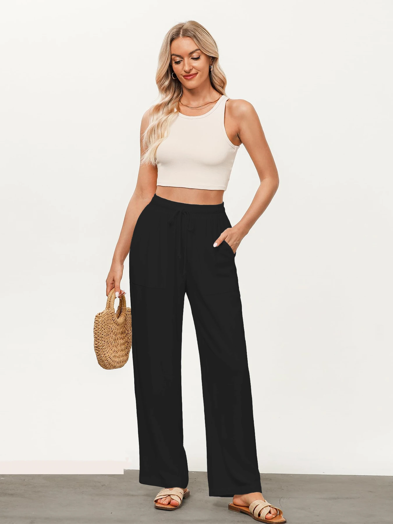 Einfarbige, lockere, weit geschnittene Hose für Damen, lässige, gerade Hose mit Kordelzug, lässige Hose mit Taschen, lockere Hose mit hoher Taille – Detail 5