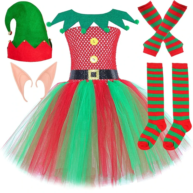 Red Green Christmas Elf Costumes for Girls Xmas Holiday Fancy Tutu Dress for Kids New Year Carnival Outfit with Elves Ears Socks