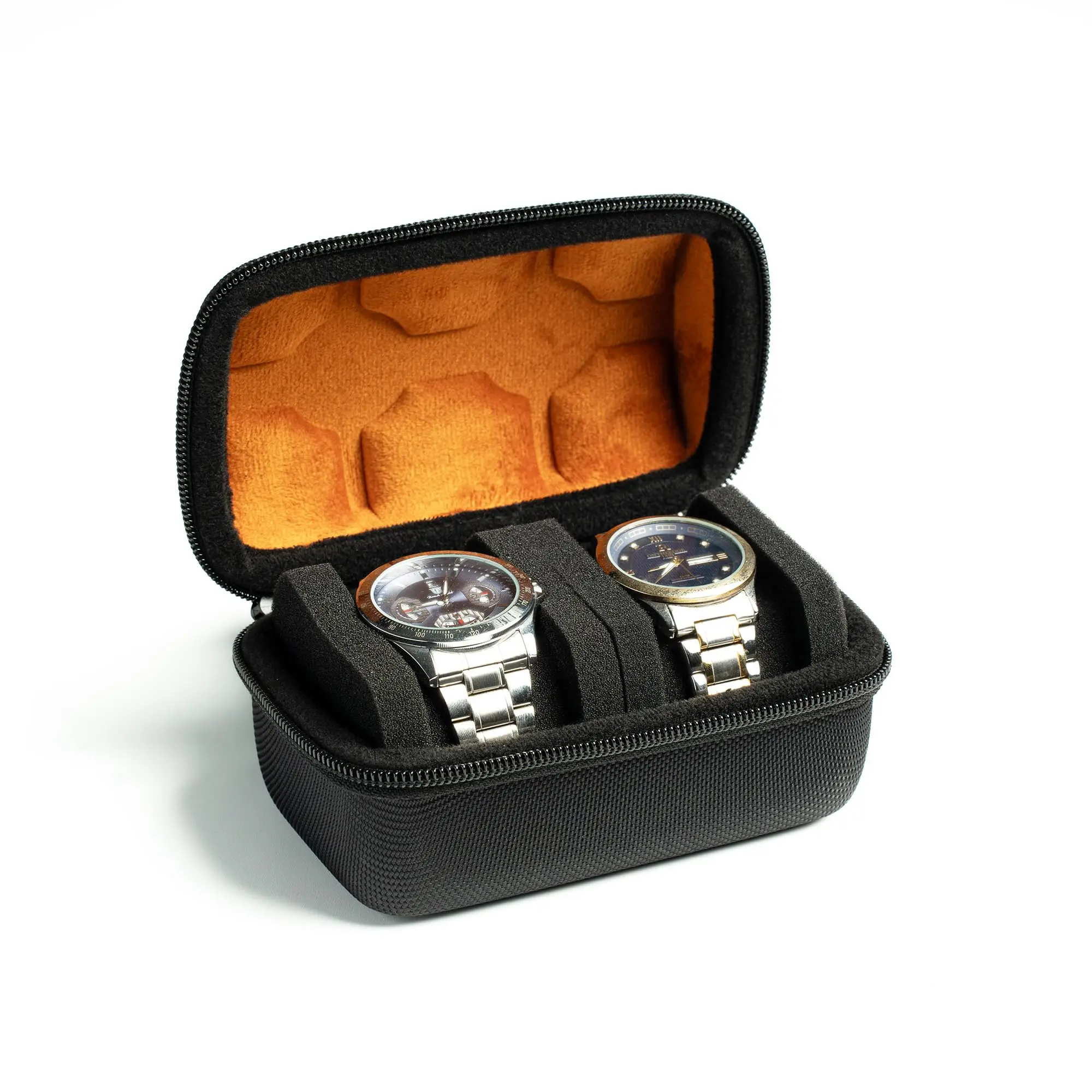 Men's 2 Slot Watch Roll Travel Case Hard Zipper Organizer Box for Large Watches with Anti-Move Pillow Microfiber Lining