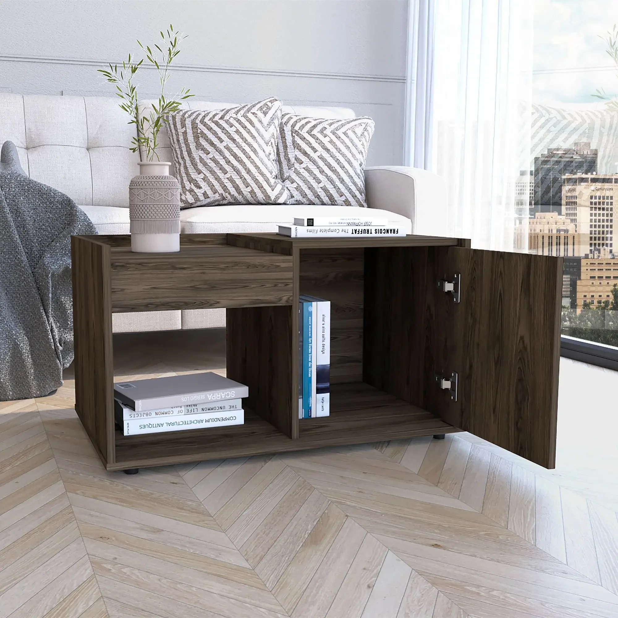 

Coffee Table; Single Door Cabinet; One Open Shelf,with Elegant Dark Walnut Manufactured Wood ,Café Tables