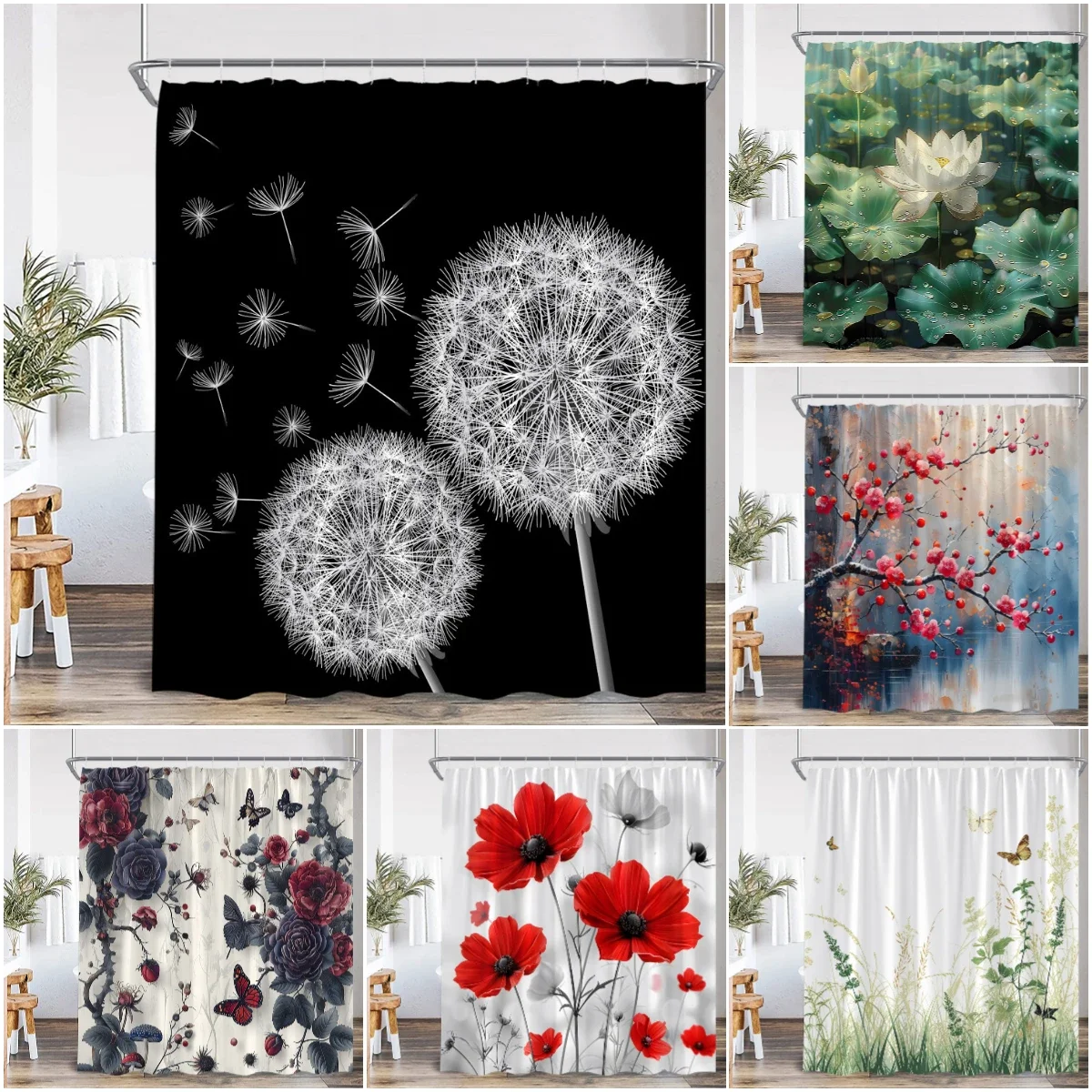 Floral Shower Curtain Colorful Flower Daisy Dandelion Poppy Flower Leaf Herb Plant Bathroom Decor Oil Painting Bathtub Curtain