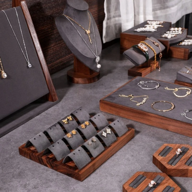 

Walnut Jewelry Display Rack Luxury Necklace Earring Bracelet Stand Large Jewellery Storage Shelf Window Counter Showcasing Rack