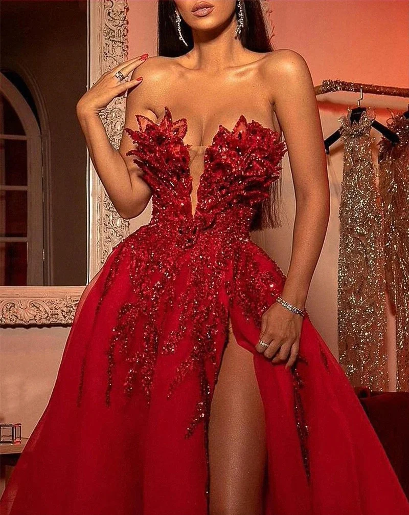 Fashion Elegant Red A-Line Backless High Slit Woman Formal Wedding Guest Evening Prom Dresses Cocktail Off Shoulder