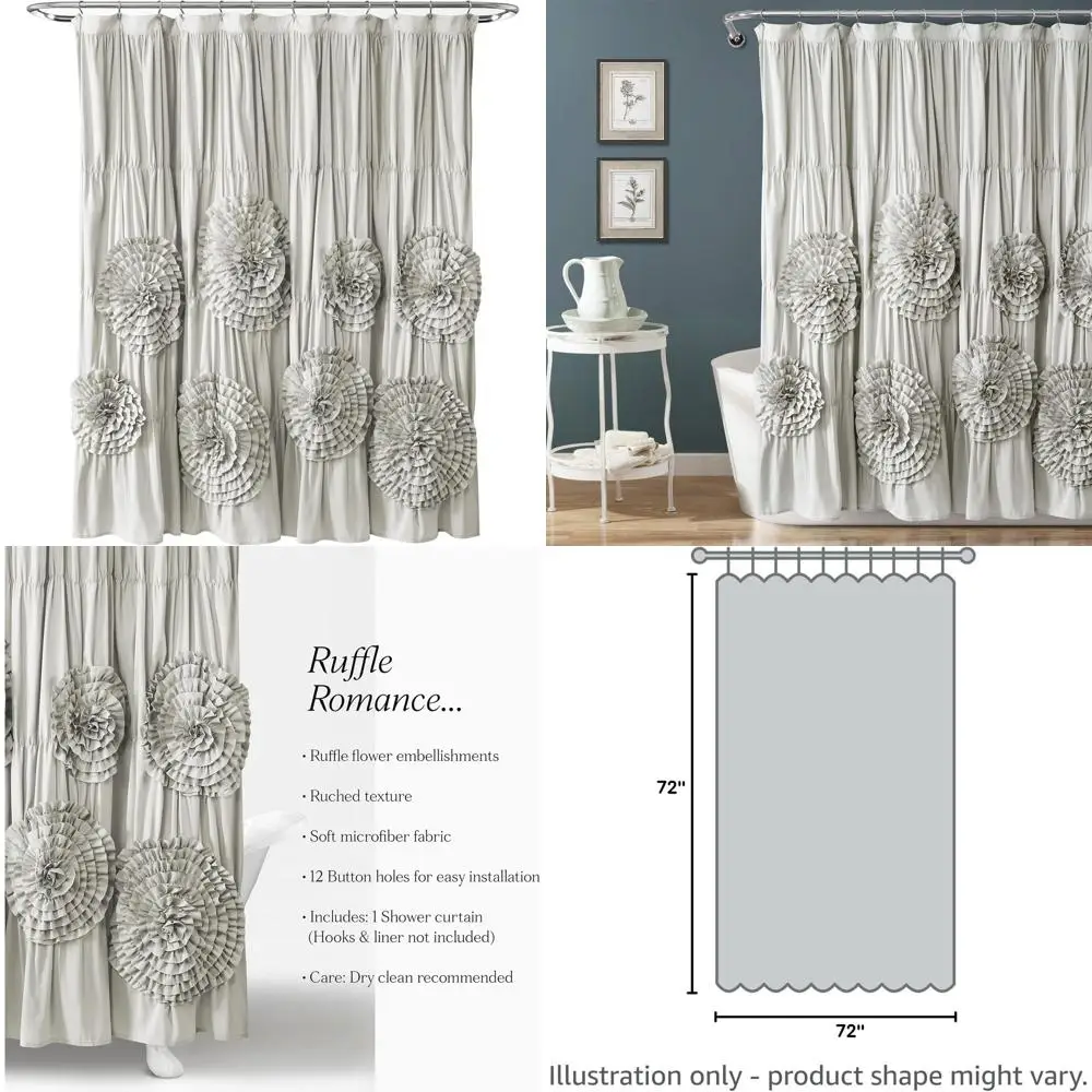 

Светло-серая шторка для душа с рюшами, 72x72 дюйма - Элегантная серая тканевая занавеска для ванной комнаты