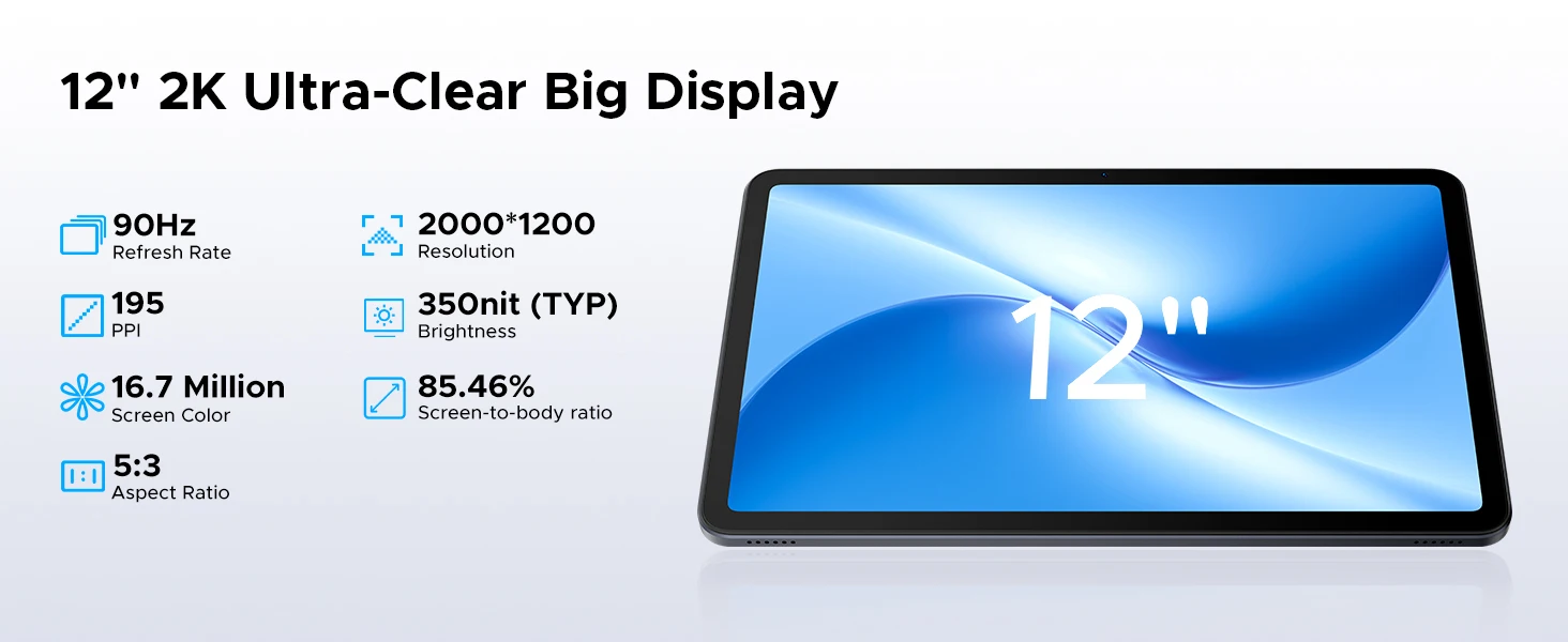 DOOGEE U12 Tablet PC Android 16 12'' S Display 24GB RAM (6GB+18GB) 128GB 9000mAh Battery UNISOC T7255 Widevine L1 Dual Dpeakers