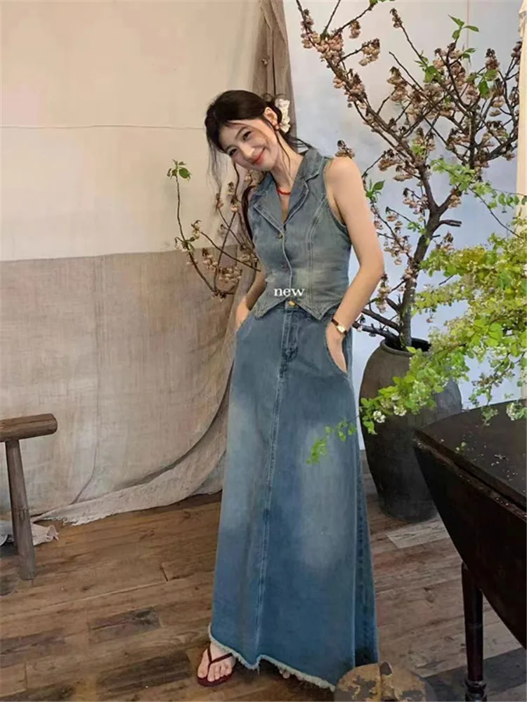 Vimly Retro Washed Cotton Denim Skirt Sets Women 2024 Spring Summer Lapel Sleeveless Jean Jacket Sraight Long Skirt 2 Piece Set