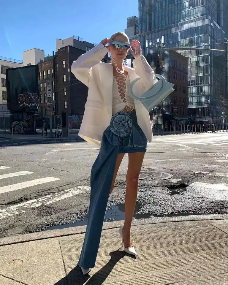 

A7647 Cheap Women clothes jeans mini dress short bottom floral Long strip Stylish outfit causal dress