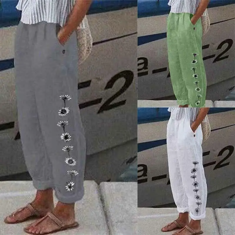 Fashion Casual Wide Leg Pants Ladies Cotton Linen Elastic Waist Pants Summer Loose Floral Harem Pants Female Casual Trouser