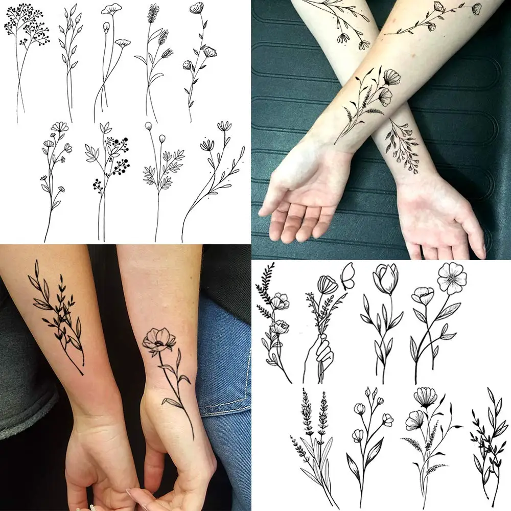 15 Sheets Black Tiny Lavender Branch Temporary Tattoos For Women Girl, Small Flowers Bouquet Fake Tattoo Stickers Adults Hands