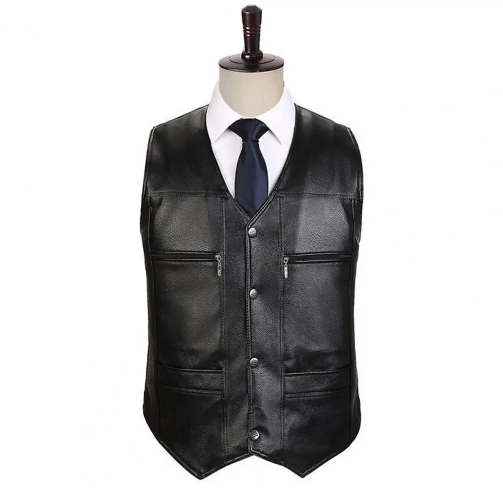 

Men Soft Waistcoat Stylish Mid-aged Men's Faux Leather V Neck Vest with Plush Lining Warm Windproof Multi-pocketed Winter