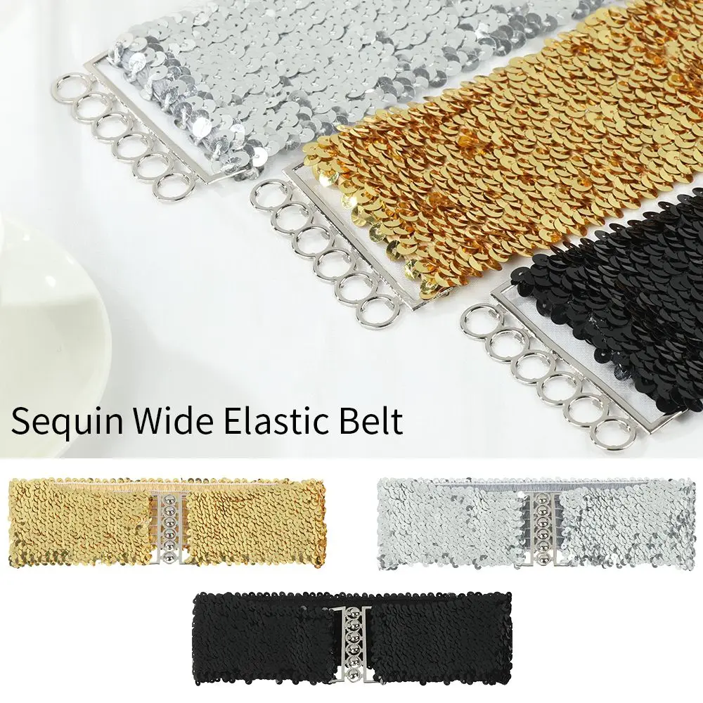 

Vintage Cinch Stretch Sequin Wide Elastic Belt Ladies Dress Cummerbands Belly Waist Band Metal Buckle Waistband