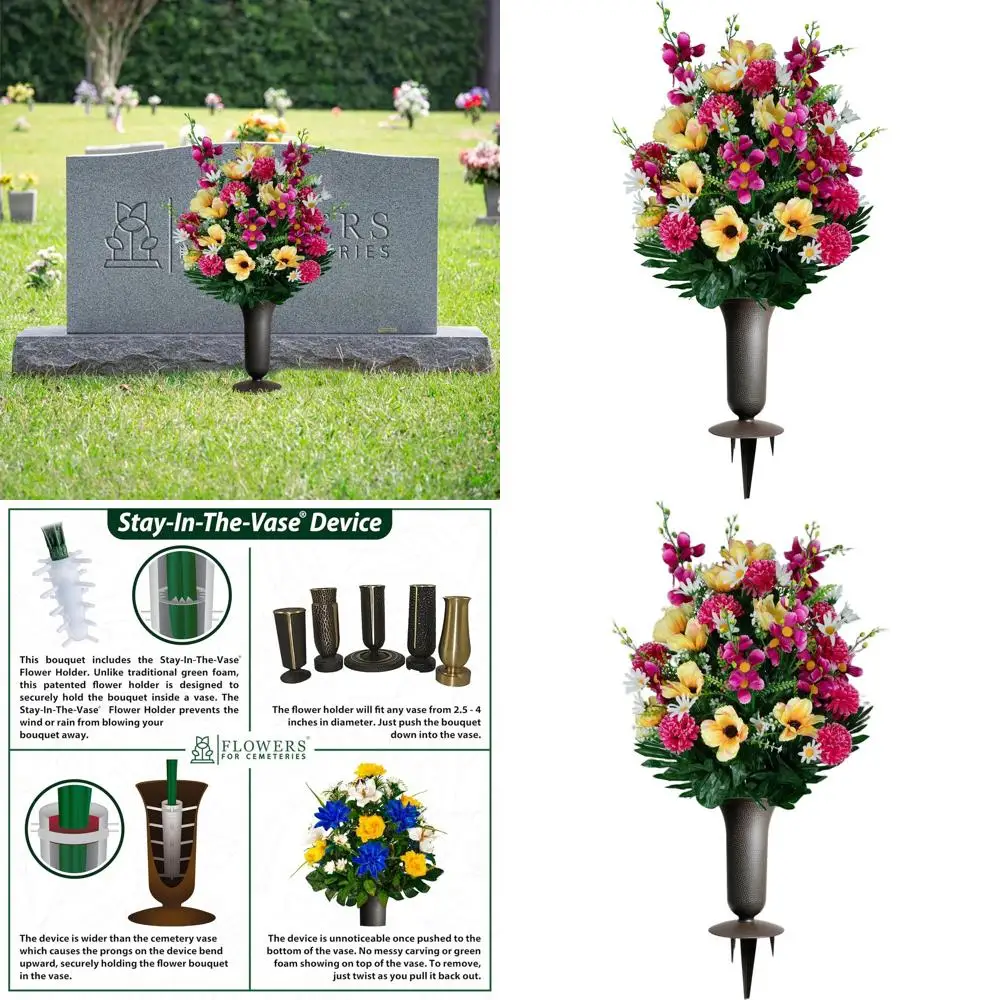 

Artificial Cemetery Flowers - Graveyard Arrangements - Yellow Anemone Mix - Bouquet & Vase Set
