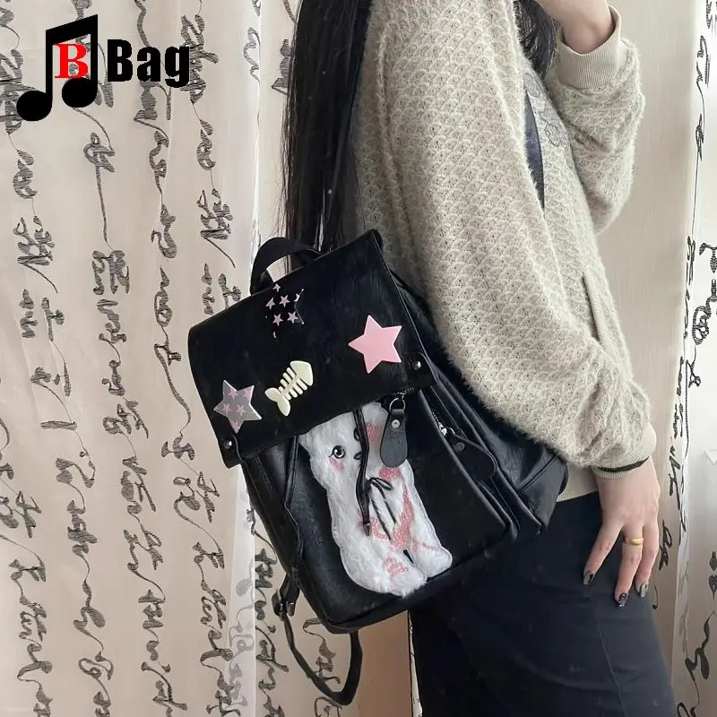 Y2K-Bolso de mano gótico para mujer y niña, morral de cuero suave con diseño de estrella de gato HarajukuLittle, de gran capacidad, informal, estilo academia