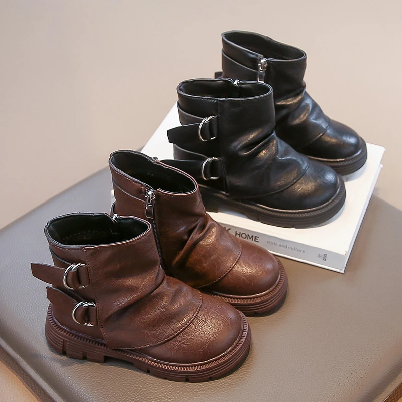 

Детские модные черные ботинки из кожи, стильные ботинки с двойным кольцом и пряжкой, осенне-зимние удобные ботинки на мягкой подошве для девочек