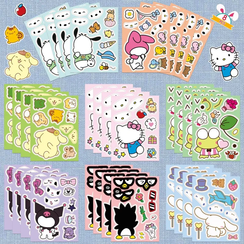 

8/16 sheet Hello Kitty Stickers Cute Cartoon Anime Puzzle Assembly Cartoon Puzzle Fun Children Gifts Wholesale Girl Students