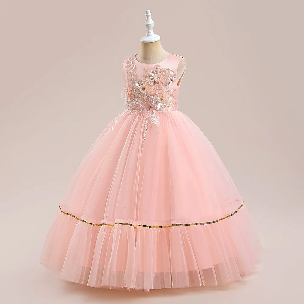 Dress for kids girl party Sequin Princess girl's dress Host performance dress sleeveless mesh pompadour long dress