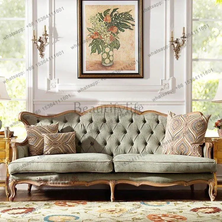 

Американский деревенский диван из массива дерева с состаренной тканью, двойной/тройной, в стиле ретро с резными пряжками