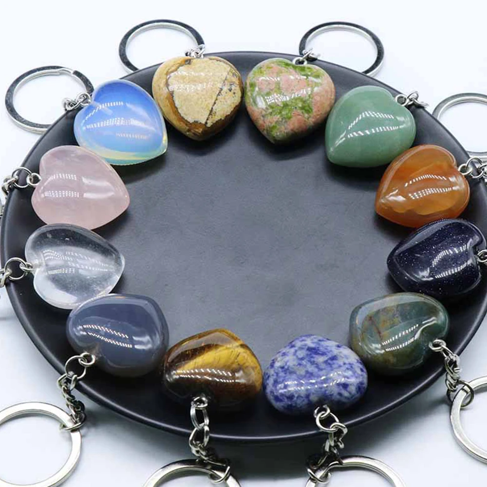 Natural Rose Quartz Crystal Heart-shaped Keyring Aventurine Sodalite Agate Gemstone Keychain Pendant Accessories