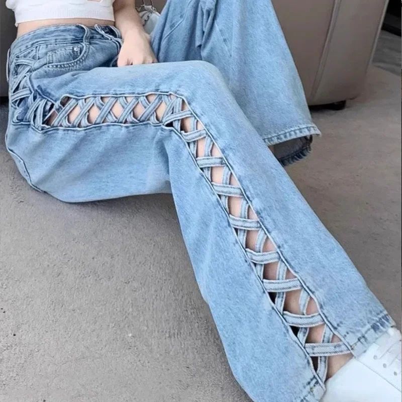 

High Quality Women Casual Jeans Hollow Out High Waist Trousers Button Zipper Wide Leg Pant Loose Spring Club Y2k Streetwear