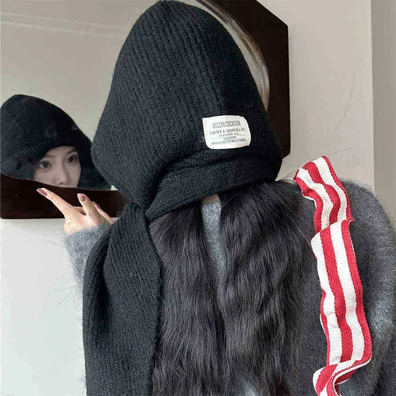 Winterwarme Woll-Strickmütze mit Falschem Schalkragen, Kapuzenpullover und Einteiligem Nackenwärmer für den Außeneinsatz bei Kälte – Detail 14