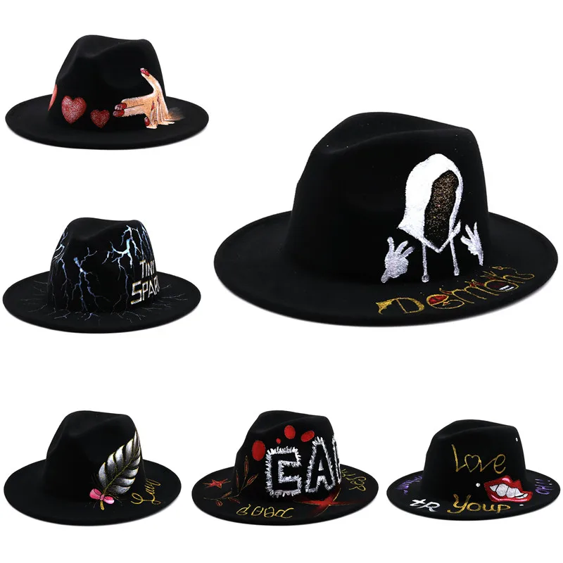 Big brimmed hat women hand-painted green skull woolen top hat autumn winter men women flat brimmed felt hat outdoor panama hat