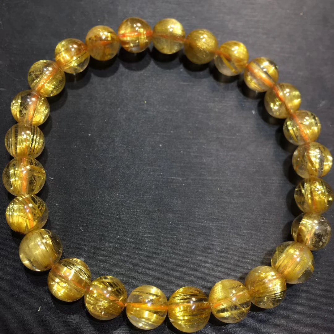 

Natural Gold Rutilated Quartz Titanium Beads Bracelet 7.5mm Wealthy Woman Men Clear Round Beads Jewelry Cat Eye Brazil AAAAAAA