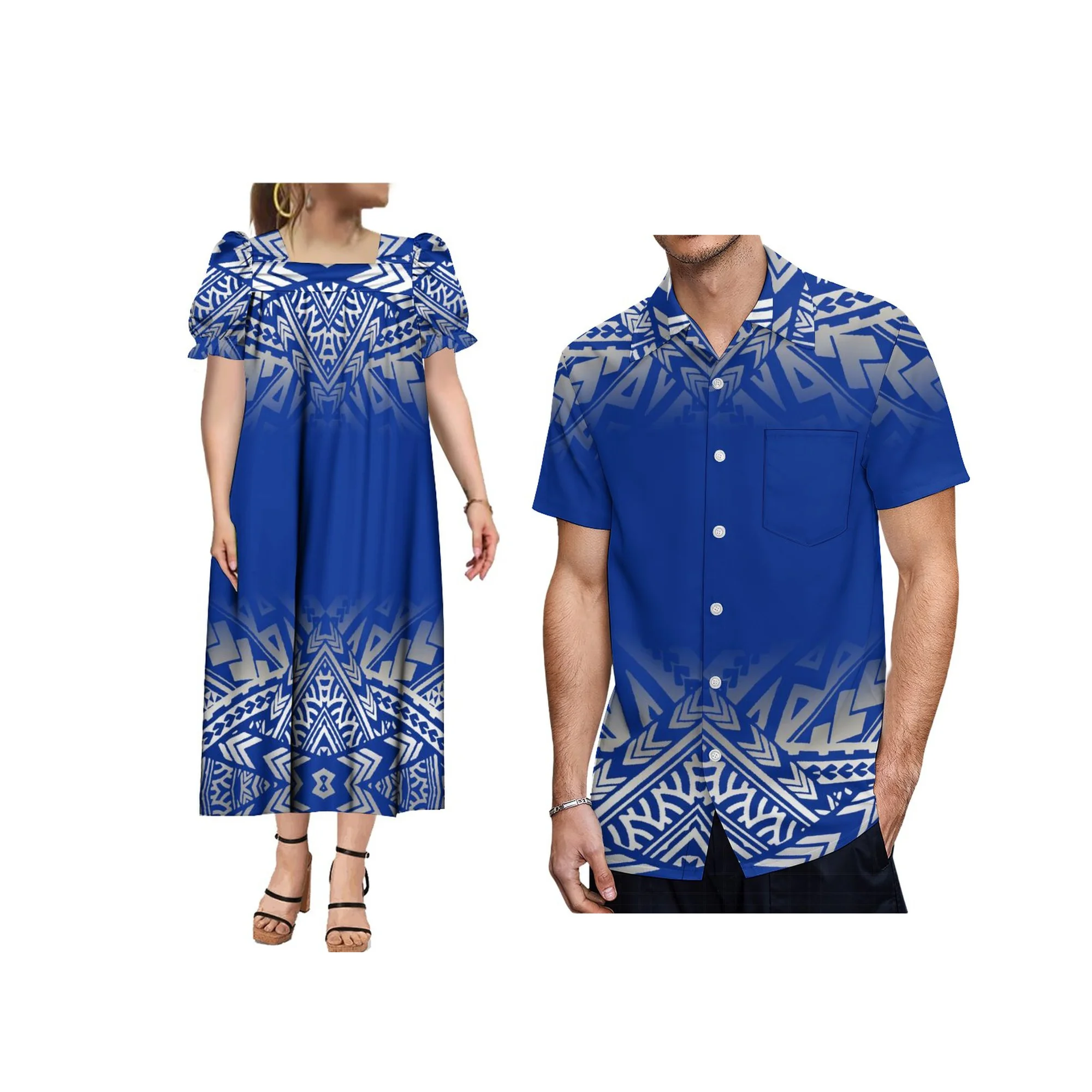 

Customized Polynesian Design Micronesia Mumu And Mens Shirts Puffy Dresses Women Couples Matching Outfits