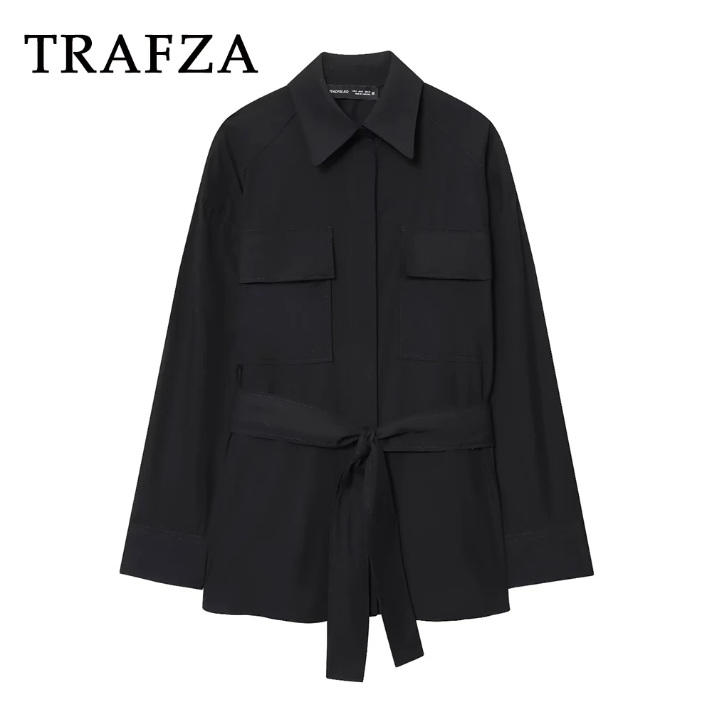 

TRAFZA Vintage Fashion 2025 Black Autumn Woman Shirts Single Breasted Sashes Loose Blouse Long Casual Solid Chic Female Shirt