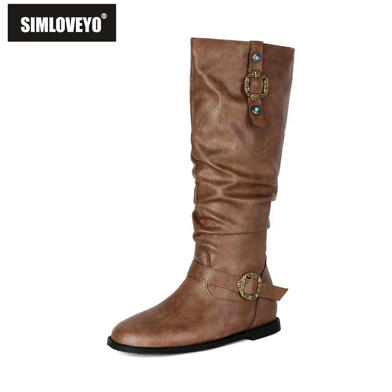 SIMLOVEYO Beige Women Men's Riding Boots Round Toe Flats Slip On Pleated Belt Buckles Big Size 45 46 47 48 Retro Knee High Botas