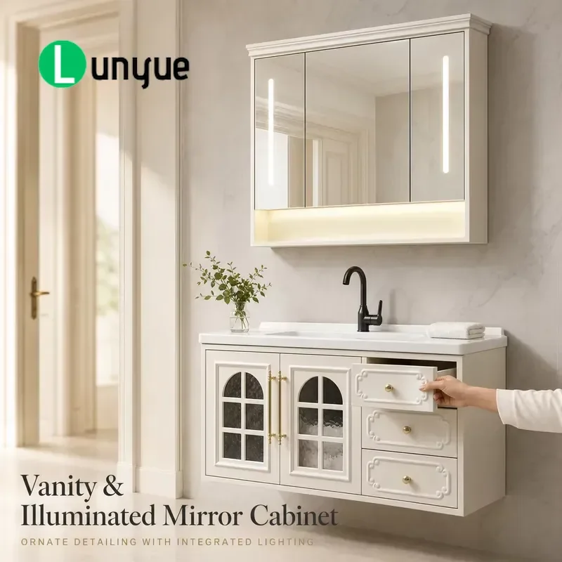 French Oak Cream Wall Mounted Bathroom Vanity Set with Anti Fog Ceramic Integrated Basin Lamp Mirror Modern Storage Cabinet