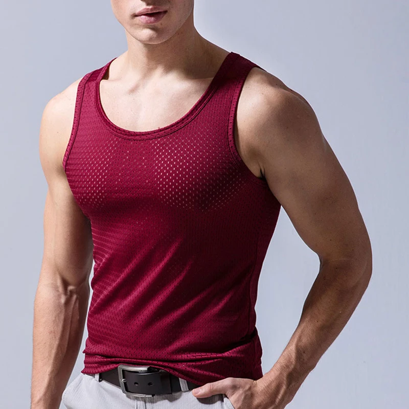 Summer Men Ice Silk Tank Top Underwear Man Vest Undershirt Mesh Holes Shirts Male Workout Sleeveless Breathable Singlets T-Shirt