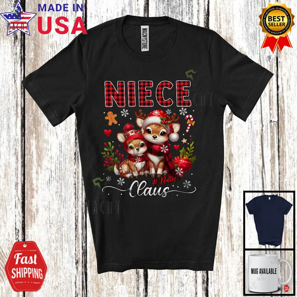 

Custom Name Niece Claus; Adorable Christmas Red Plaid Reindeer; Family T-Shirt