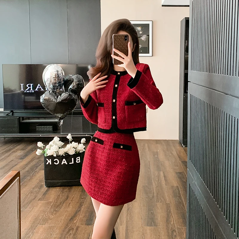 New Woman\'s Autumn Winter Small Fragrance Short Blazer Mini Skirt Suit Retro Contrast O Neck Tweed Suit Overskirt Two-piece Set