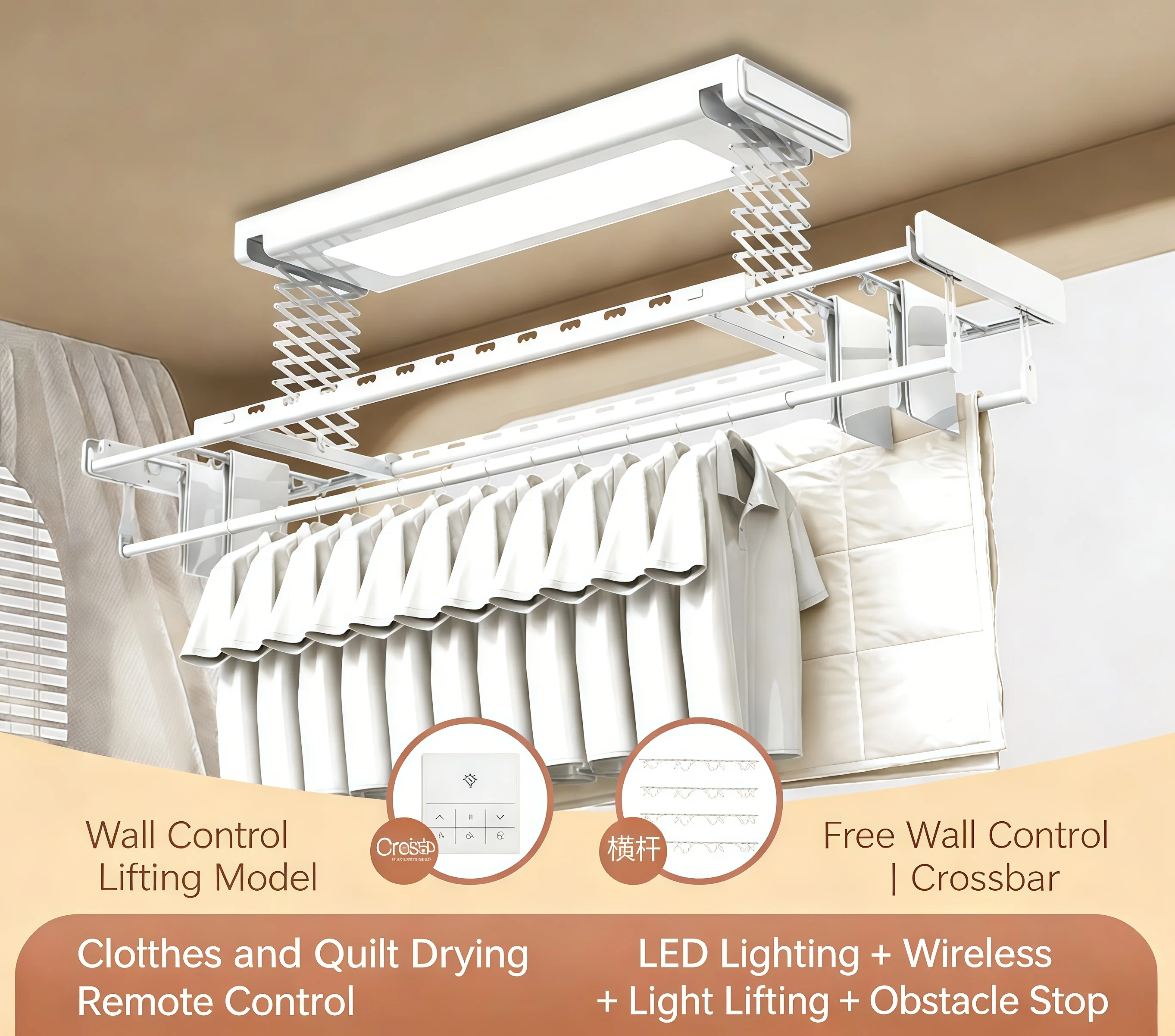 Rack Laundry Hanger Clothes Wall Smart Electric Automatic Clothes Dryer Remote Control Lift Extendable Fold LED Lighting
