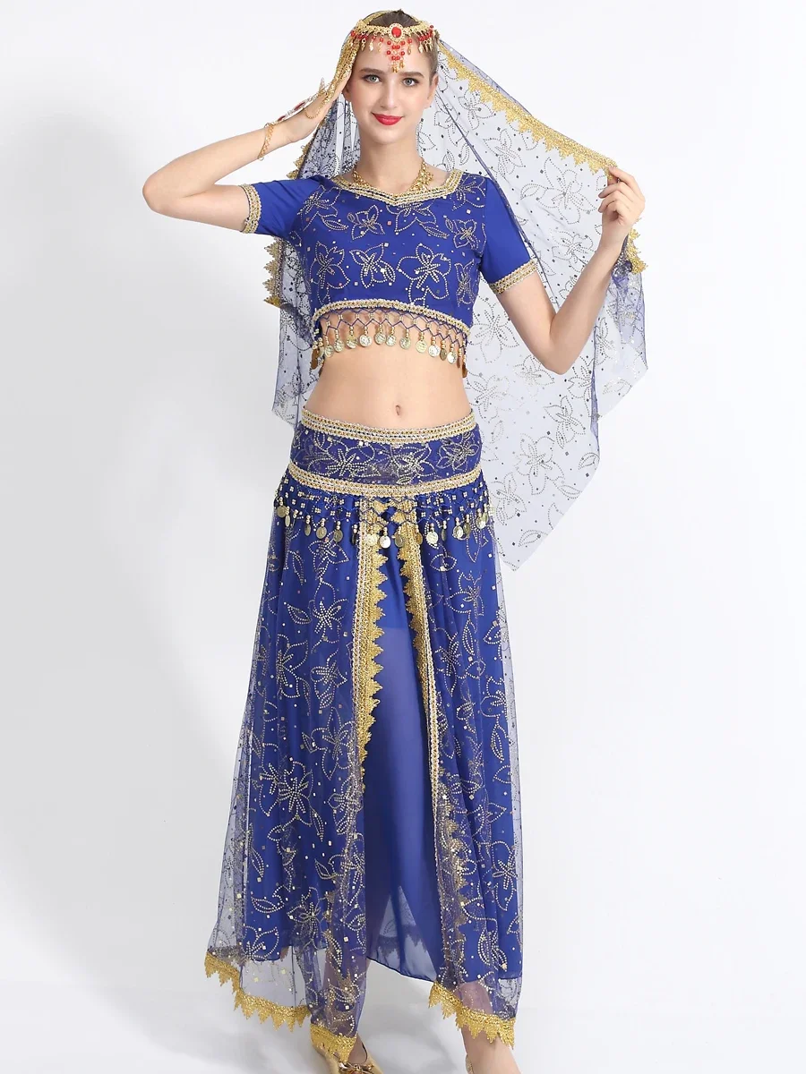 

Bollywood Dress Costume Women Set Indian Dance Sari Belly Dance Outfit Performance Clothes Chiffon Top+Belt+Skirt+Veil