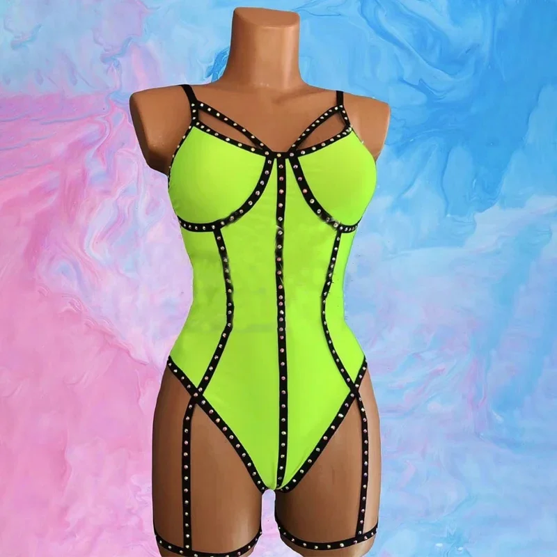 

Fluorescent Green Diamond Bodysuit Women Pole Dance Gogo Costumes Nightclub Ds Dj Party Stage Performance Rave Outfit XS6123