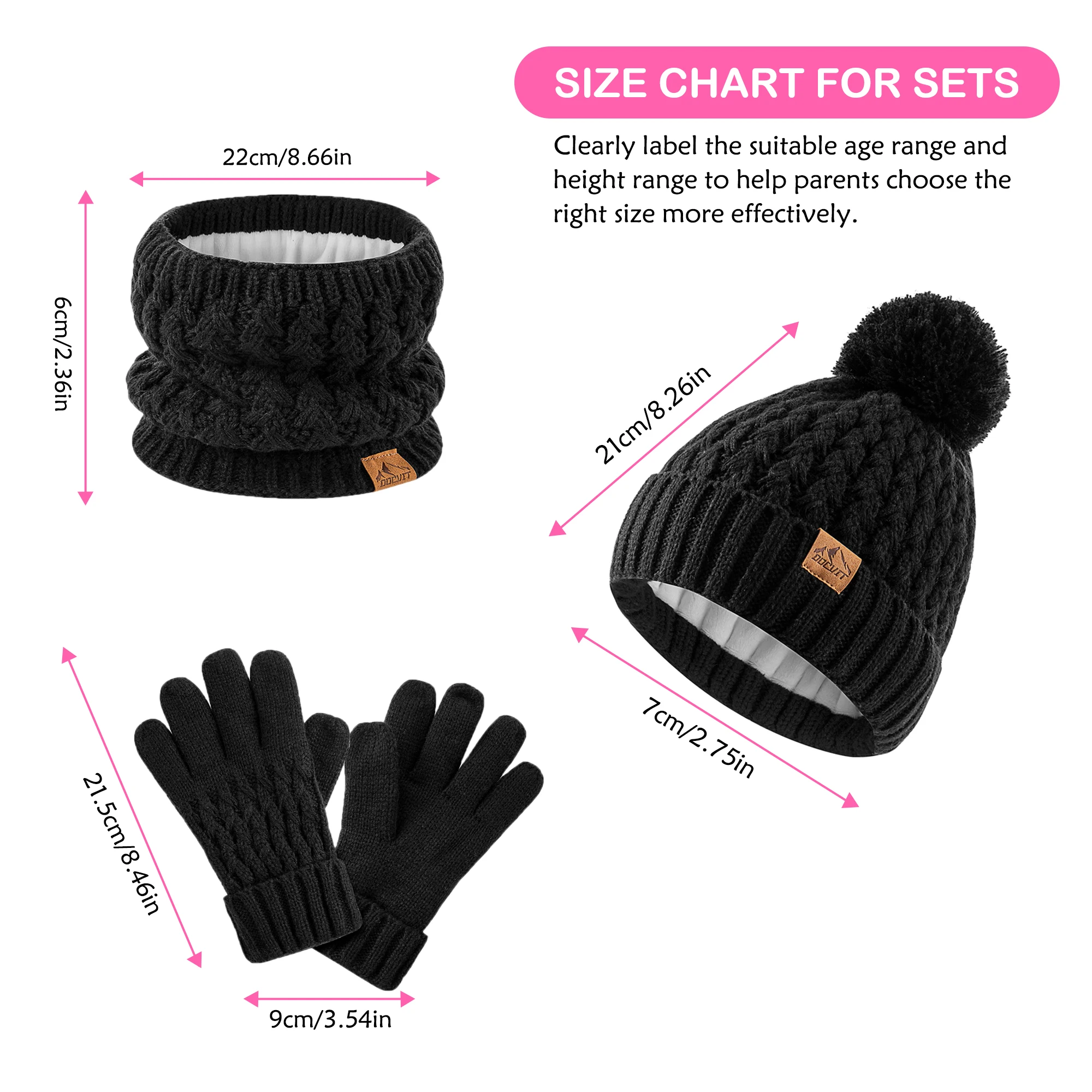 أطفال Pompom قبعة شتوية قبعة سكارت قفازات مجموعة، بنين بنات محبوك صوف مبطن قبعة صوفية للأطفال طفل 3-9 سنوات