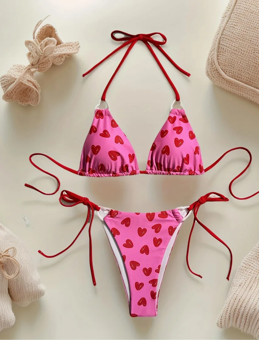 sexy pink heart pattern print micro bikinis sets two pieces halter tie swimsuits beachwear bathing suit swimwear biquini tankini