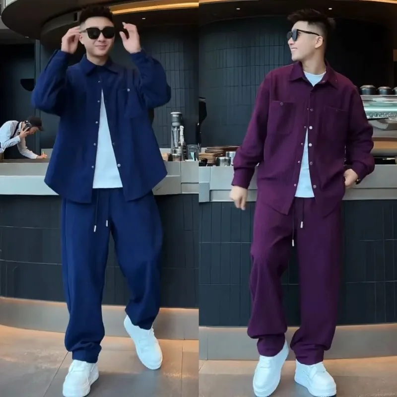 Solid Color Comfortable and Trendy Striped Design Loose Casual and Fashionable Men's Spring Outerwear and Trousers Two-piece Set