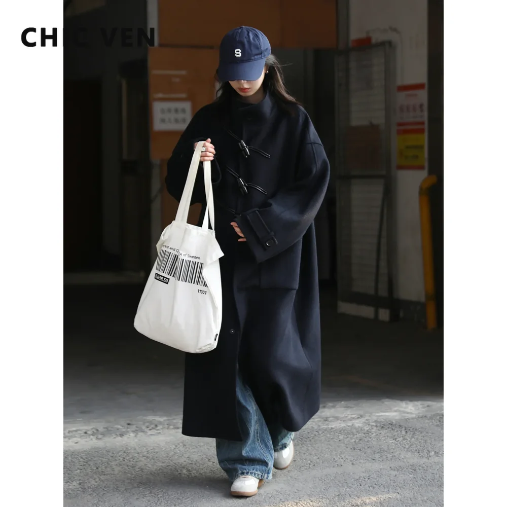 CHIC VEN Fashion Women Long Woolen Coat Single Breasted Thick Loose Cow Horn Buttoned Office Ladies Overcoat Autumn Winter 2025