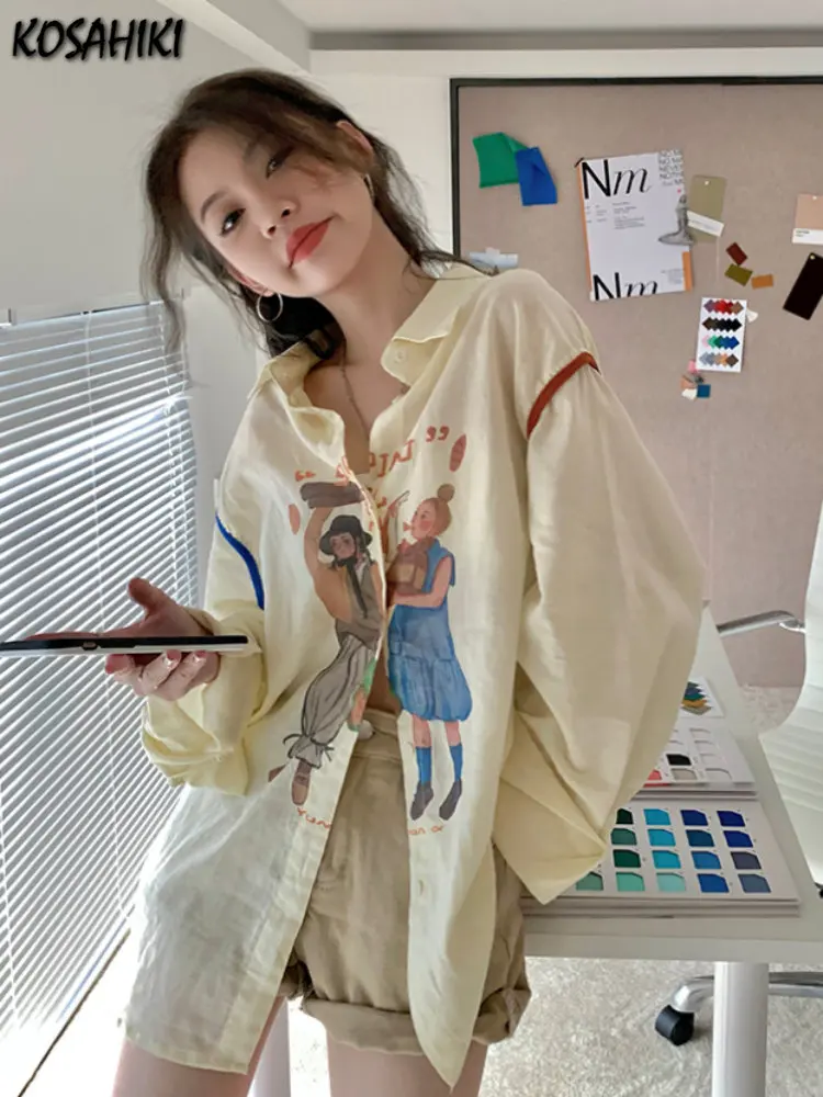 KOSAHIKI Cotton Linen Thin Blouse Women Contrast Color Fashion Loose Shirts Cartoon Print Y2k Aesthetic Haut Femme Harajuku Tops