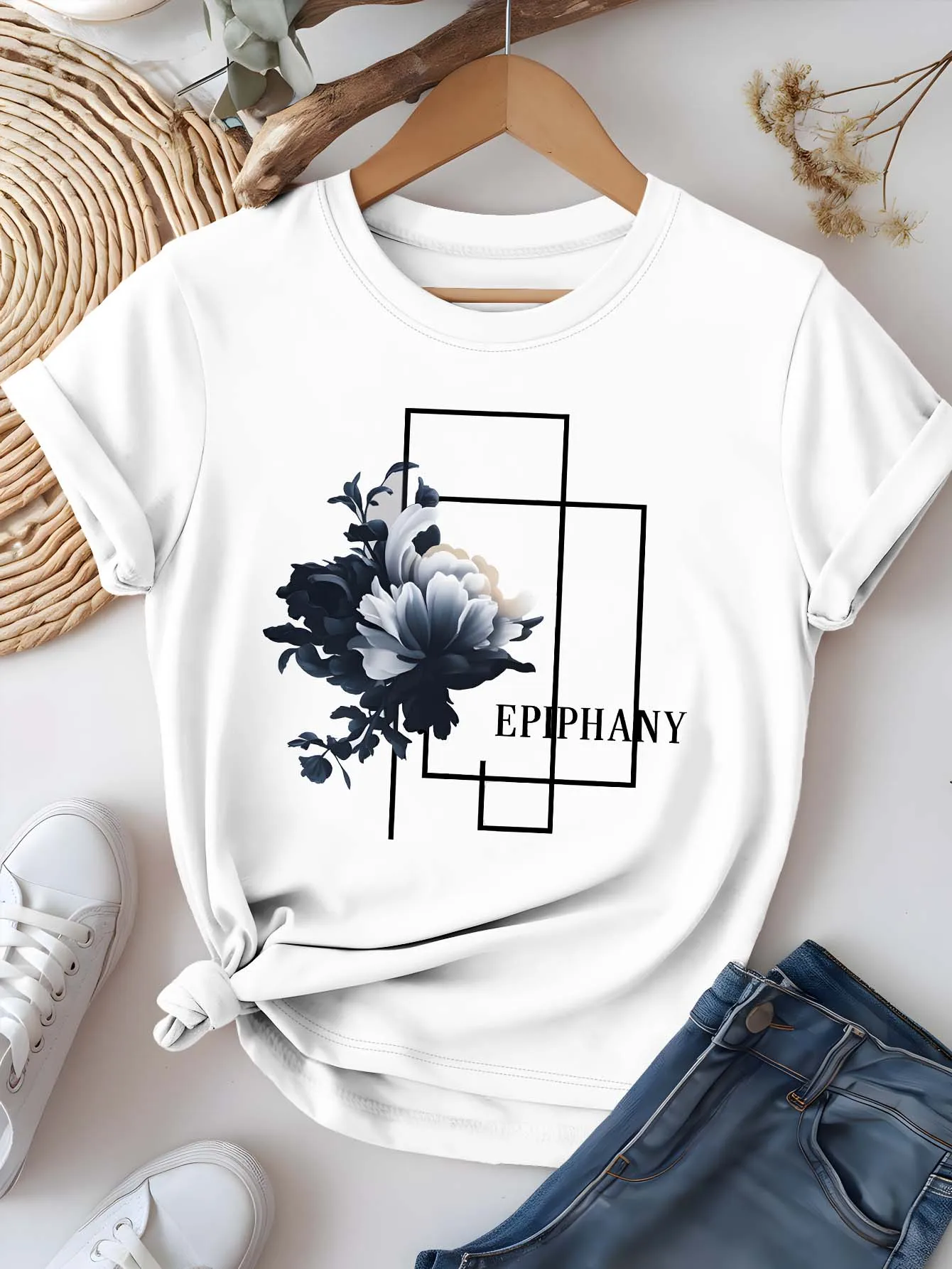 Koszulka Plus Size Artystyczna Kwiatowa Epifania Graficzna Szykowna Elegancka Literacka Letnia Krótki Rękaw