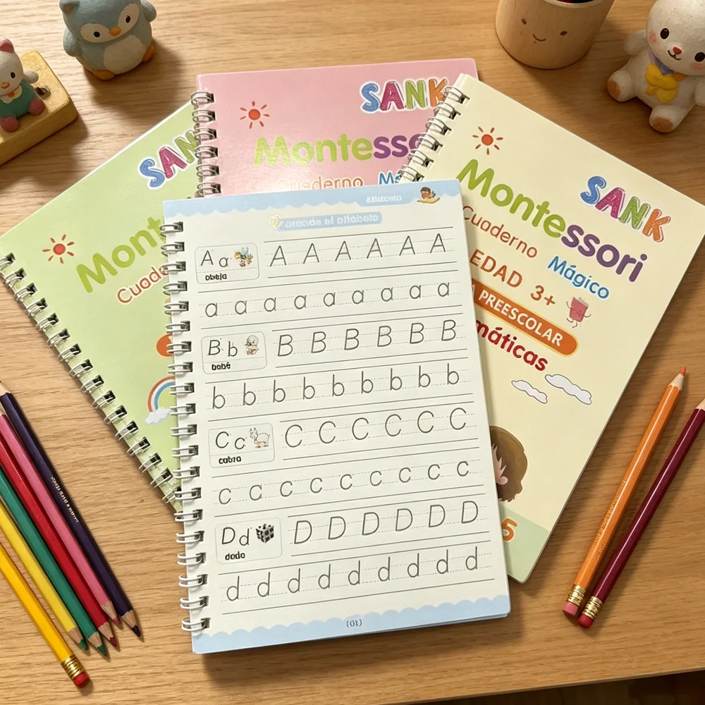 Conjunto de 4 Livros de Prática Mágica Montessori em Espanhol, Caderno Reutilizável para Caligrafia, Alfabeto, Números, Matemática e Desenho