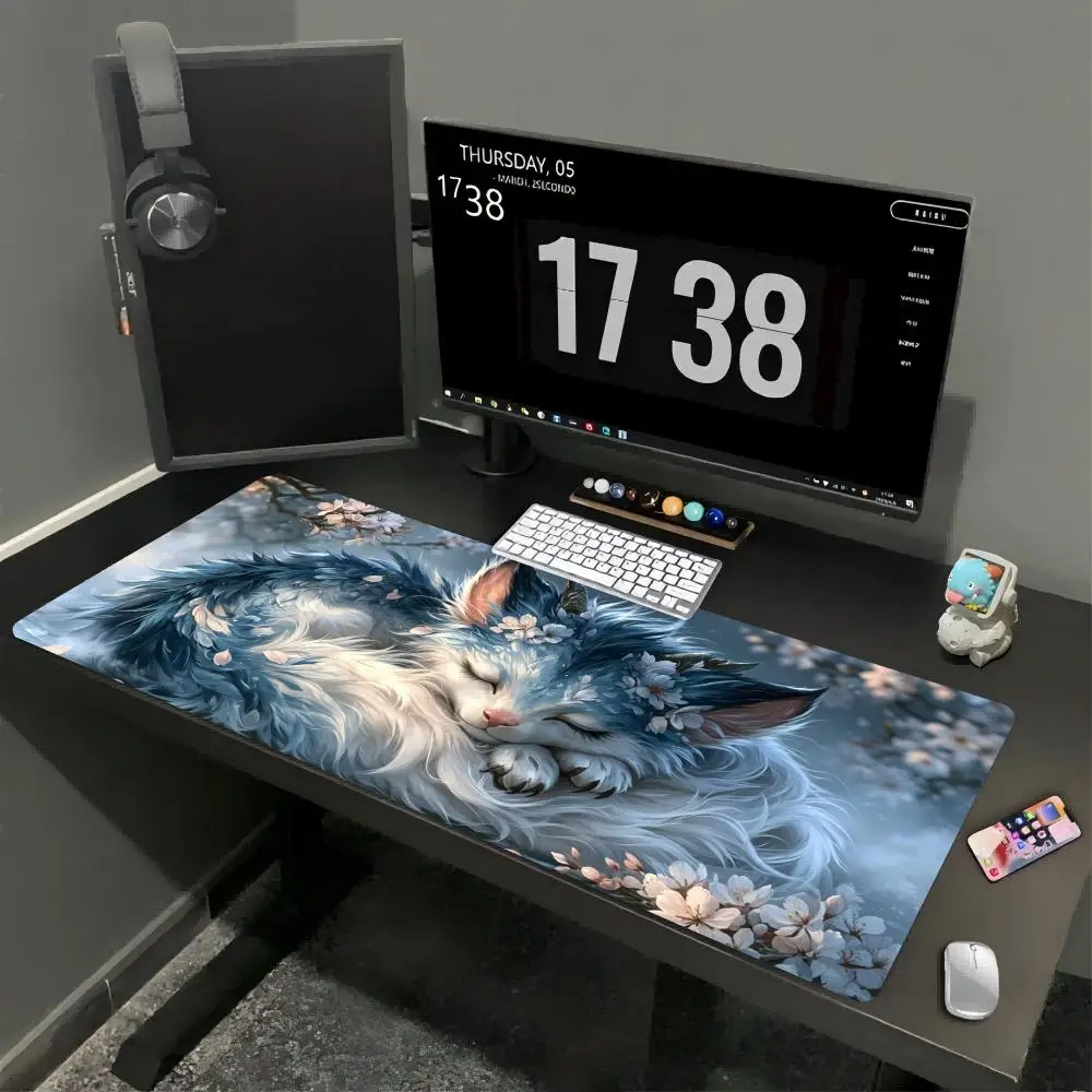 Cartoon Fantasy Pet XXL Mouse Pad Starry Nine Tailed Fox Fluffy Horned Cat Deskmat Non-Slip Rubber Gaming Keyboard Mouse Mat