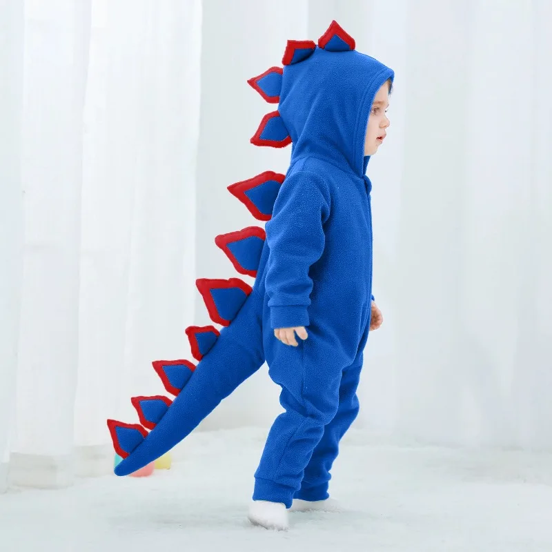 Newborn Baby Blue Dinosaur Romper Long Sleeve Hooded Bodysuit Cartoon Animal Onesie Toddler Warm Plush Winter Jumpsuit Playsuit