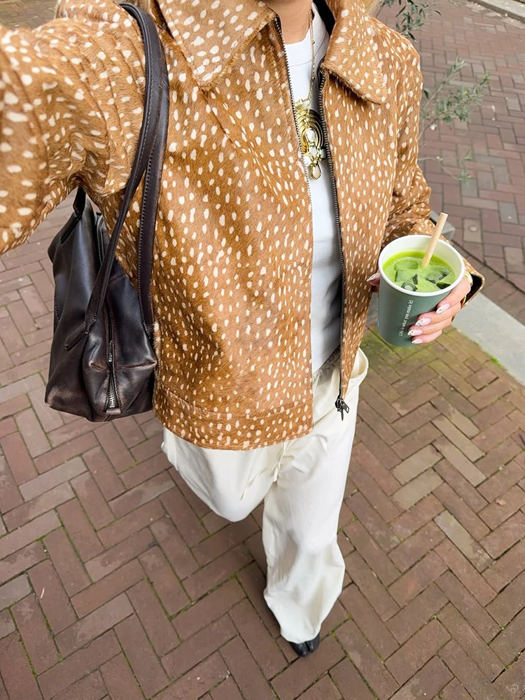 Fashion Leopard Printed Female Coat Lapel Long Sleeve Zipper Women Crop Jacket Chic Lady Streetwear High Street 2026 Autumn