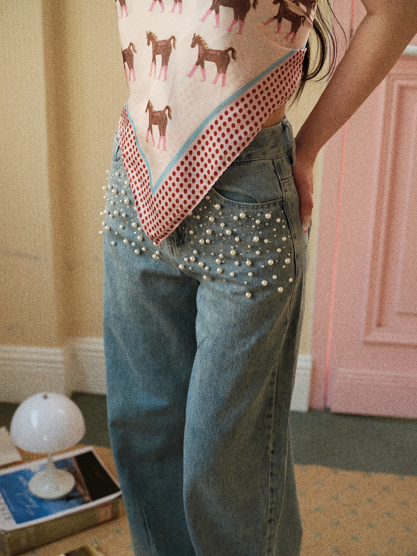 

Original Pearl Rhinestone Wide Leg Jeans Women's Loose Slimming Spring Summer Denim High Waist Non-Stretch Fabric