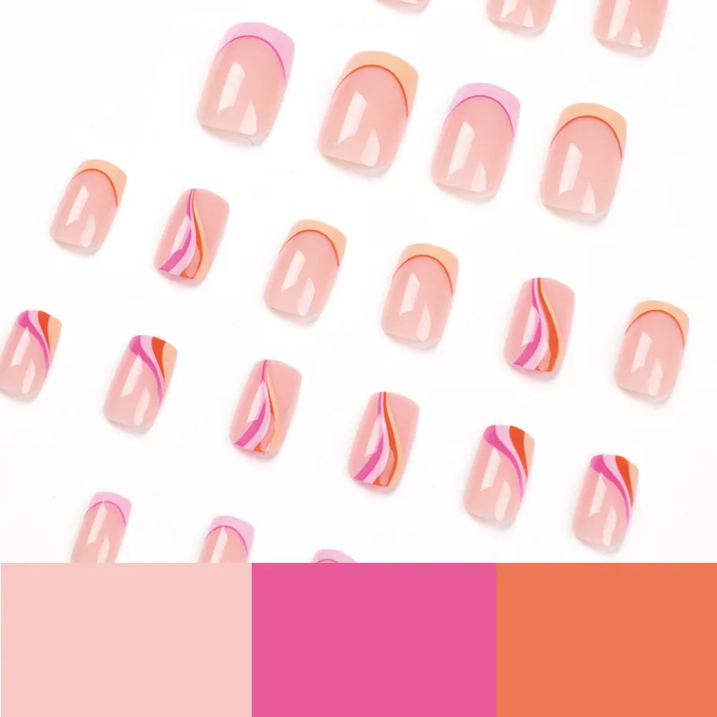 24Pcs rectangular False Nail French orange pink border with four-color waves Wearable Manicure Press ON Nails Solid