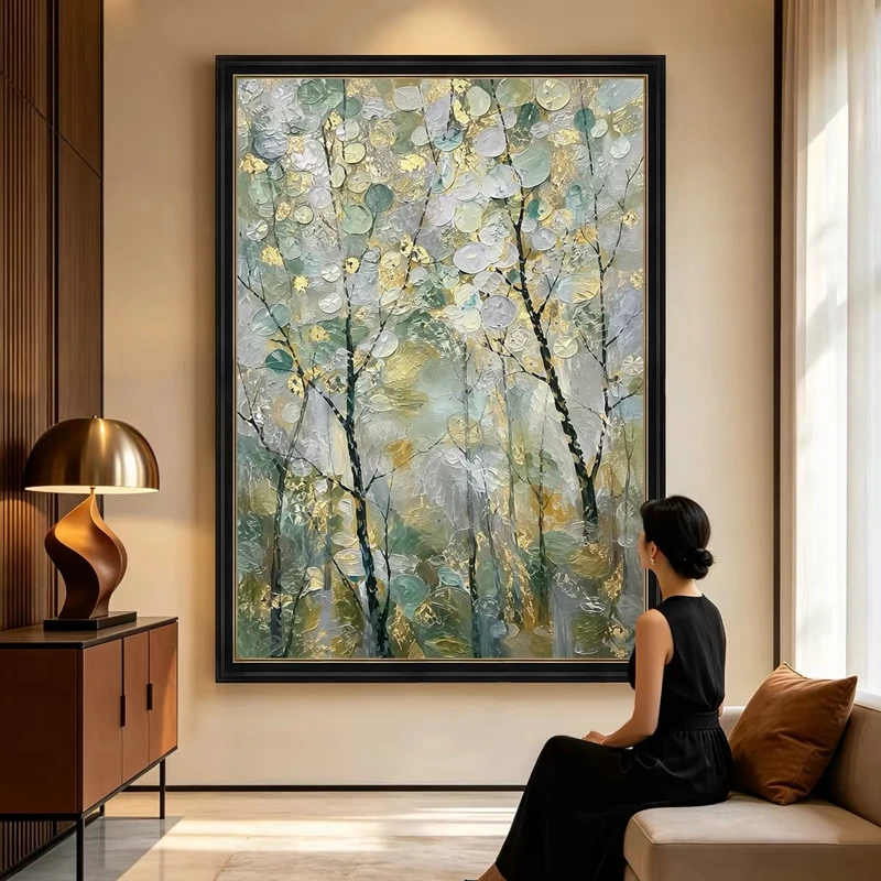 Luxury Abstract Wall Poster Gold Sliver Money Trees Pure Handmade Oil Painting On Canvas Mural For Living Room Home Decoration