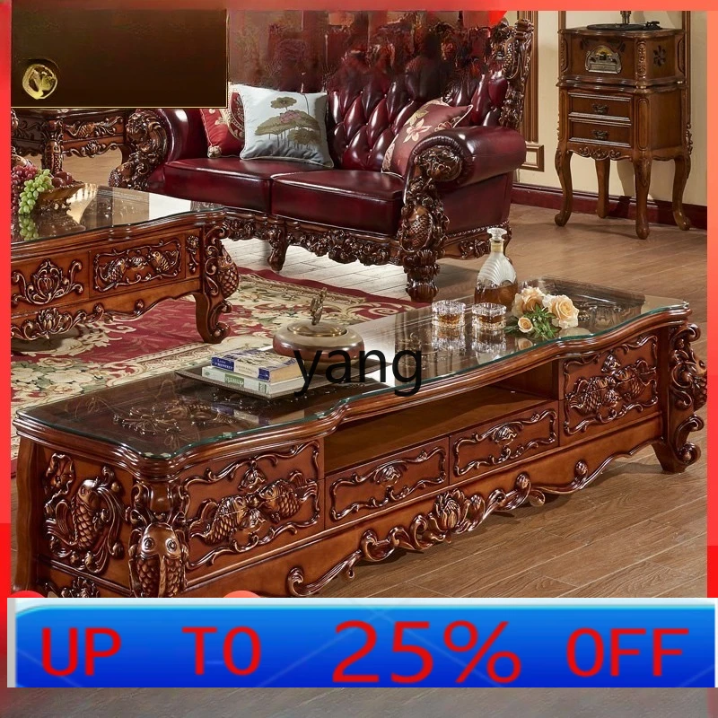 LH luxury living room oak TV cabinet coffee table combination full solid wood carving flower furniture
